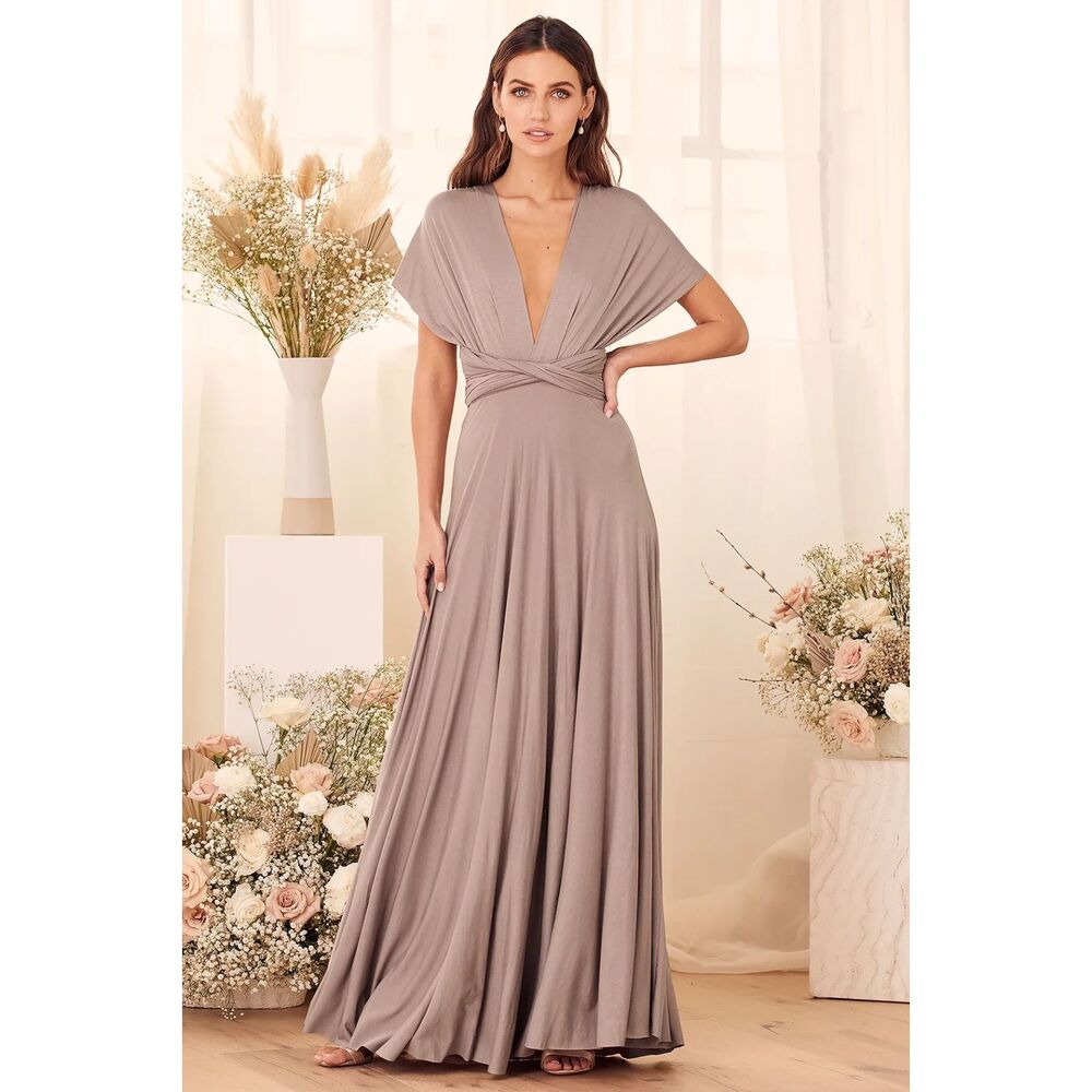 Lulus Tricks of the Trade Taupe Flowy Convertible, Maxi Dress Wedding Guest